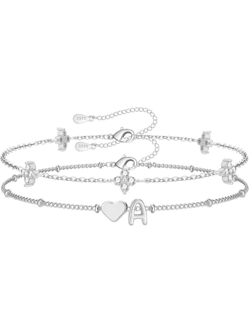 Dainty Silver Heart Initial Bracelets for Women - 2PC Stackable Set